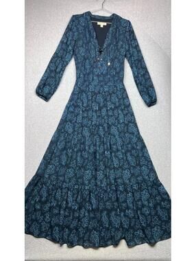 Michael Kors Navy Paisley Maxi Chiffon Dress Boho Tiered Smocked S Cottagecore